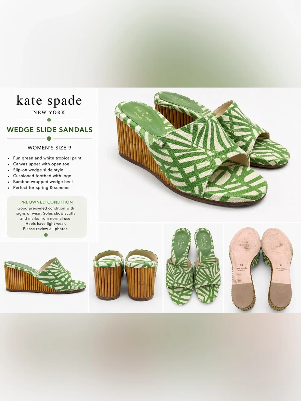 Kate Spade Meena Palm Green Canvas Bamboo Wedge Sandals Size 9